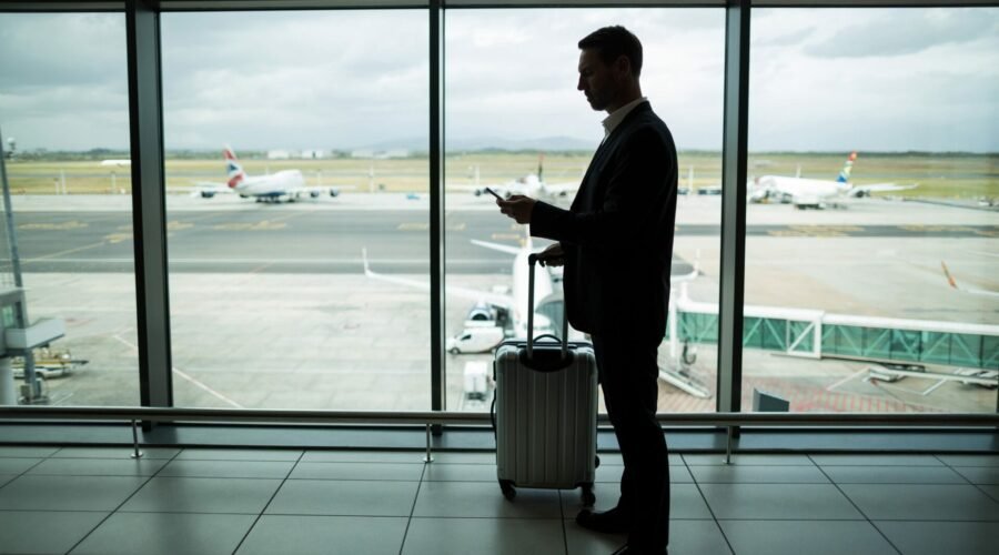 Businessman with luggage using mobile phone at airport